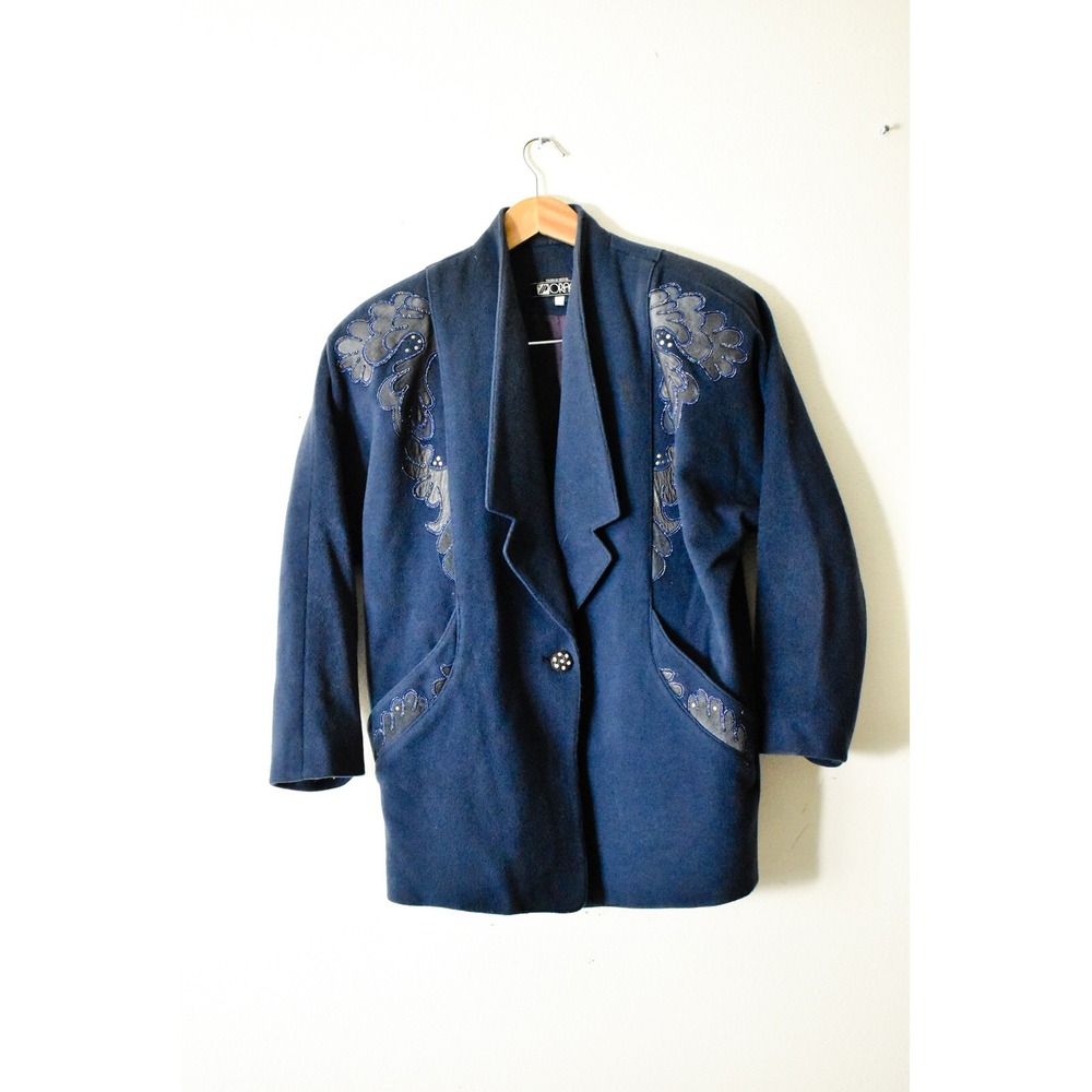 Fashion House Oracle Blazer Women 66 Navy Blue 80s Beaded Leather Applique Wool